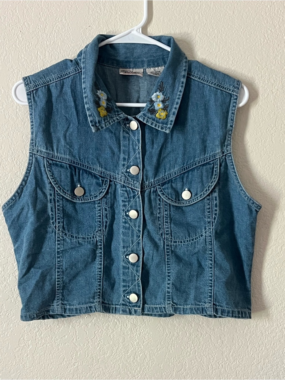 Embroidered Collar Denim Vest - Blue